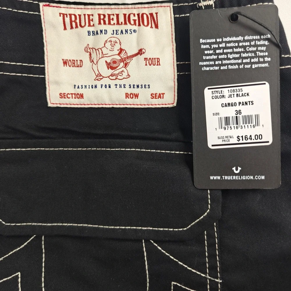 NWT Size 36 True Religion Mens Jet Black Contrast Stitch Cargo Pants 108335